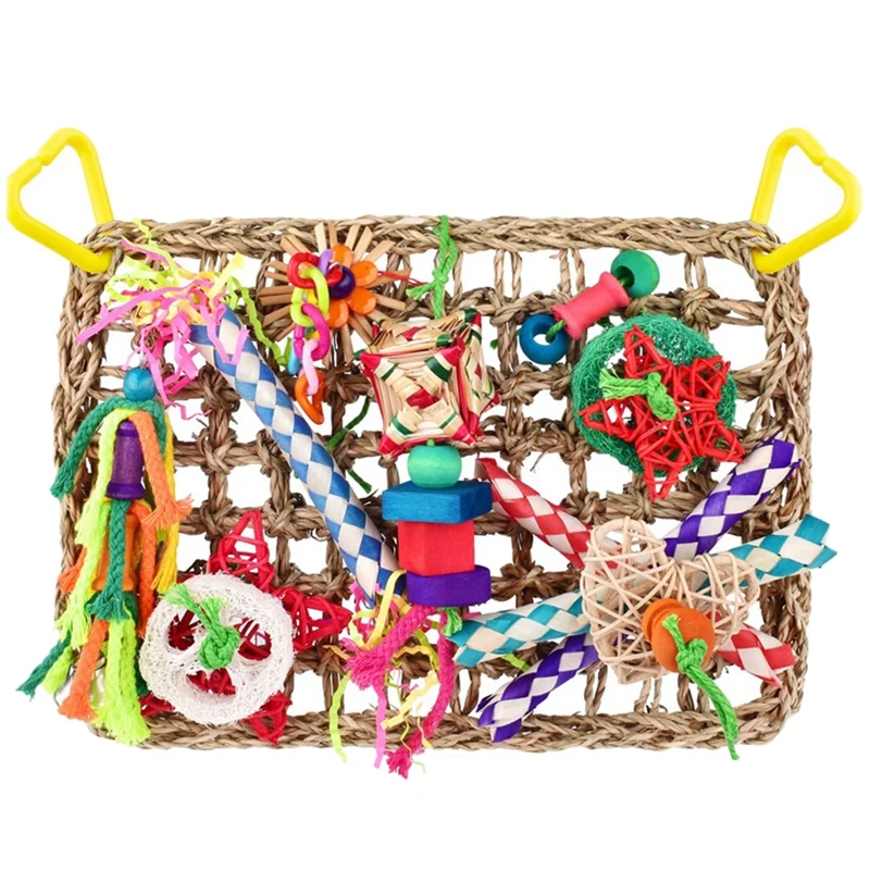 

Bird Toys,Bird Foraging Wall Toy,Seagrass Woven Climbing Hammock Mat With Colorful Chewing Toys, Suitable For Lovebirds