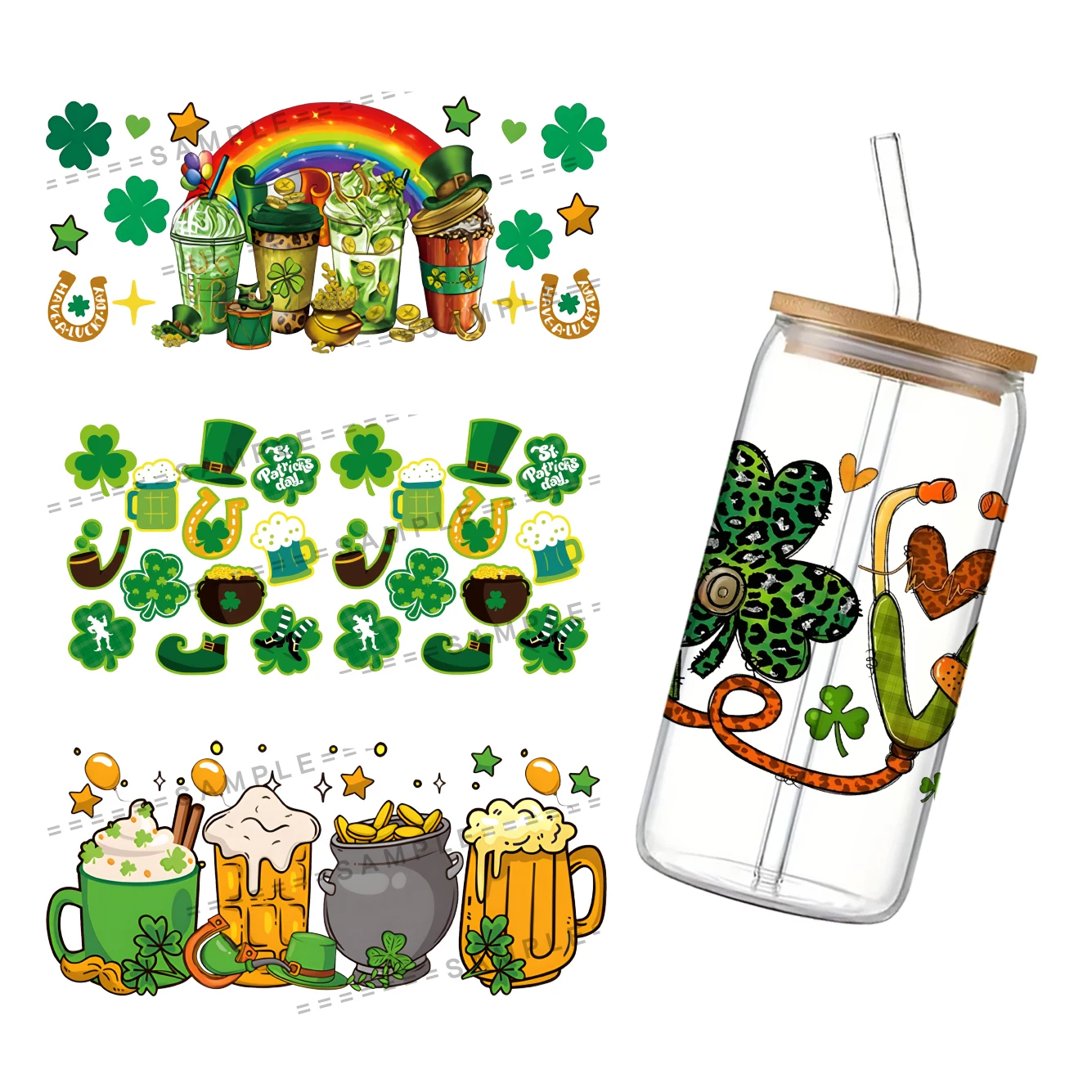 Тема Дня Святого Патрика для Libbey 16oz Can Glass 3D водонепроницаемый UV DTF кофе может