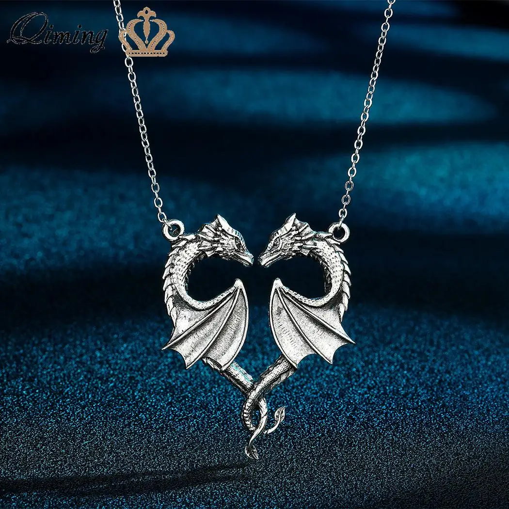 QIMING Handmade Viking Dragon Pendant Necklace For Men Heart Symbol Of Love  Vintage Jewelry Punk Necklace 