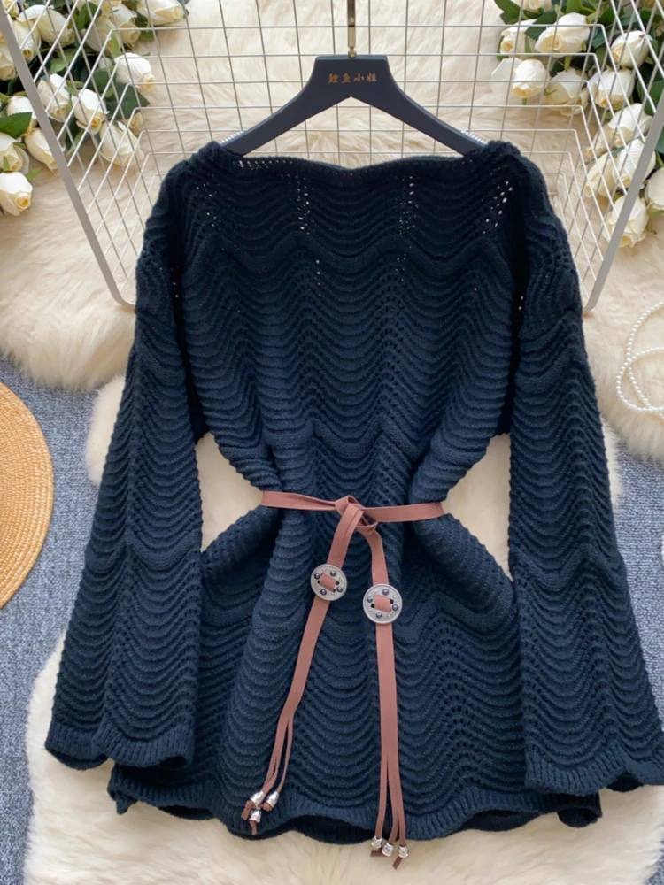 Korean Hollow Sweater Women Autumn Winter Wave Pattern Knitted Female Loose Long Sleeve Pullover Tops