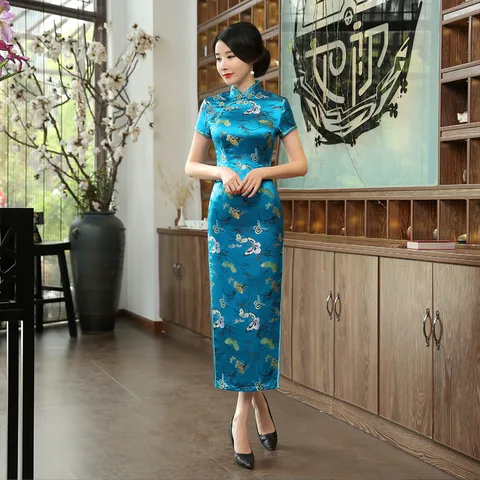 Женское атласное платье-Ципао с коротким рукавом, фиолетовое вечернее платье в китайском стиле с бабочками и цветами