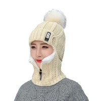 winter knitted hat scarf with zipper men women wool scarf caps balaclava mask warm thick wool beanies caps thermal pom pom hat