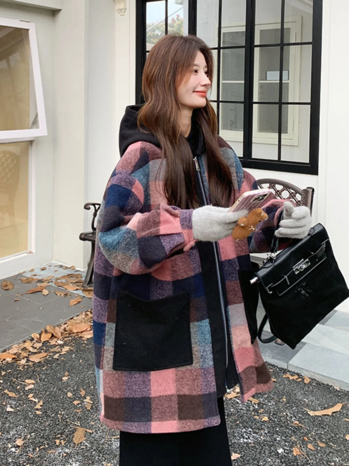 Уникальное супер красивое цветное шерстяное пальто в клетку для женщин зима 2024