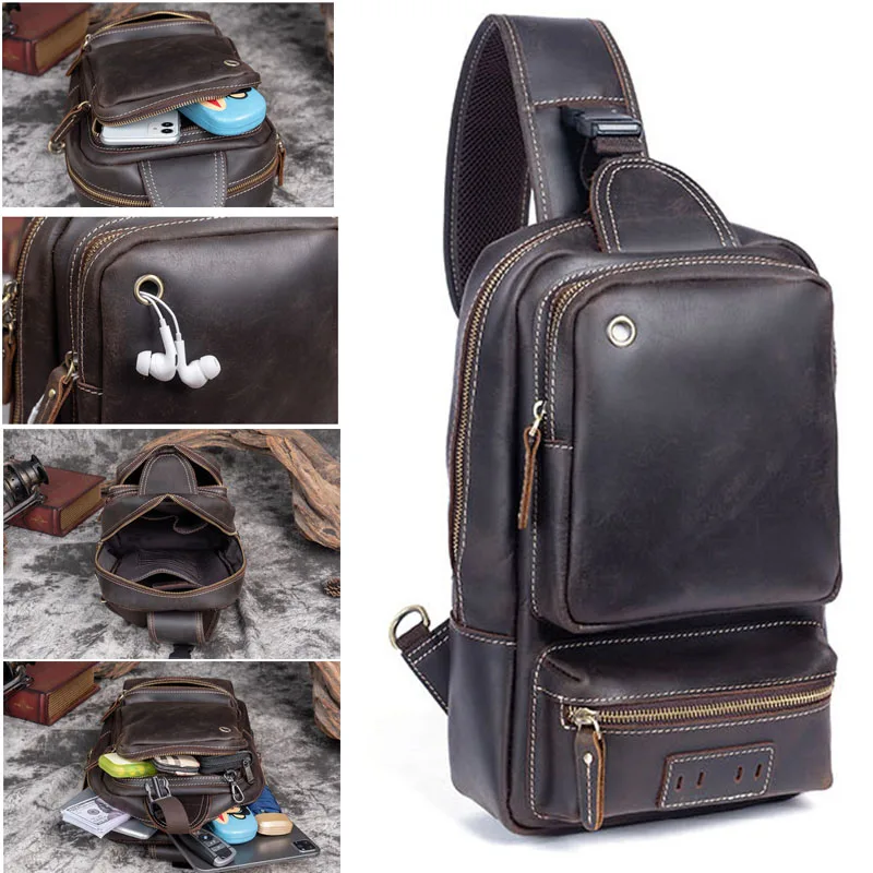 Male Retro Genuine Leather Top Layer Cowhide Shoulder Bags Waterproof Crossbody Travel Sling Messenger Chest Bag Pack for Men