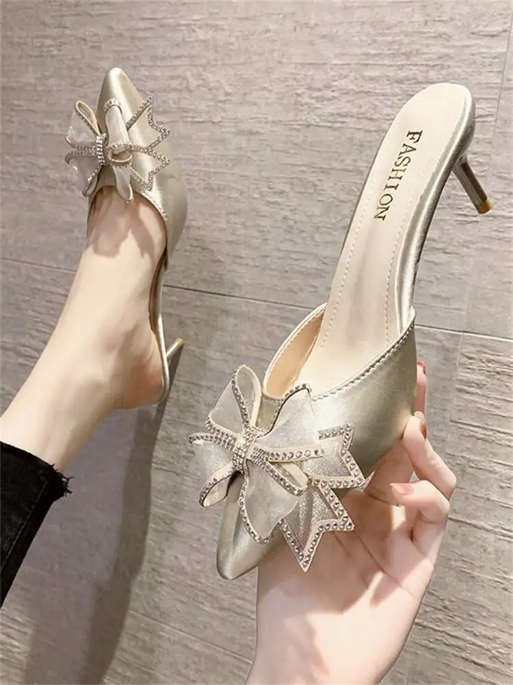 

Thin Heels Slippers Soft Cover Toe Butterfly-Knot Med Female Shoes Slides Jelly Flip Flops Heeled Mules Comfort Pointed 2022 Gli