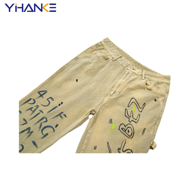 High Street Graffiti Printing Brand Jeans Guochao Brand New Straight Light Color Washed Long Pants Men's Street Men's Clothing