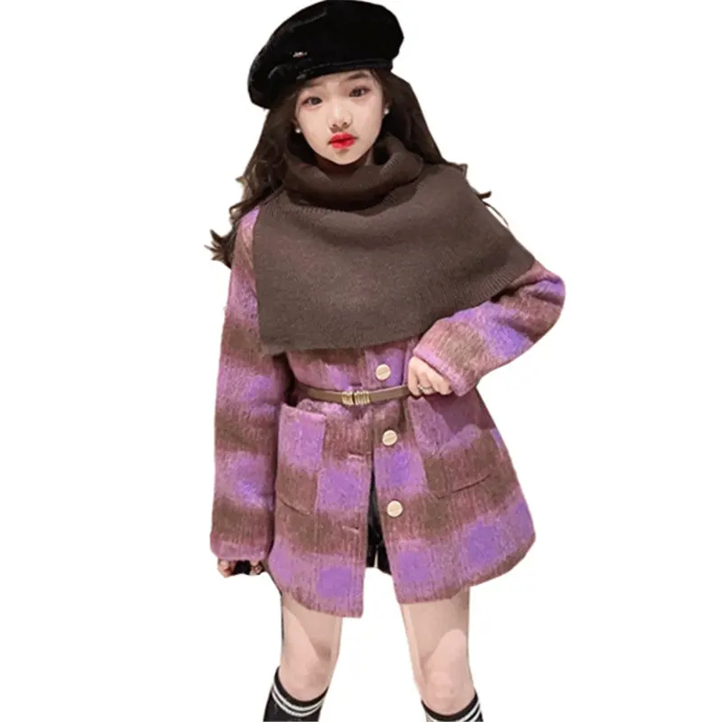 

Модные фиолетовые шерстяные и смешанные пальто для девочек-подростков, плотная детская одежда на одной пуговице, элегантный костюм с V-обра...