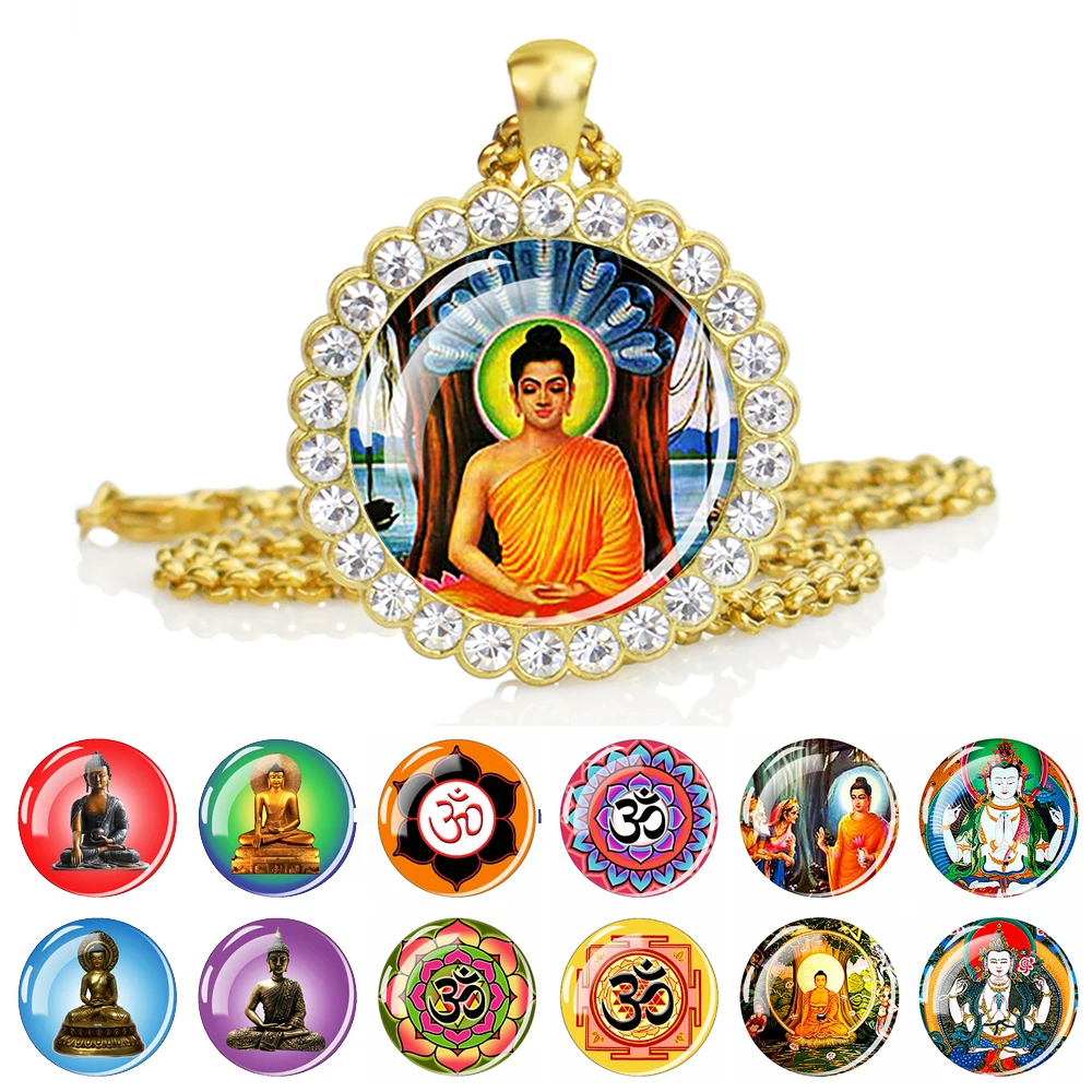 

Buddhist Necklace Buddha Buddhism Jewelry Rhinestone Pendant Chains Necklaces For Women Zen Symbol Yoga Chain Men's Necklace