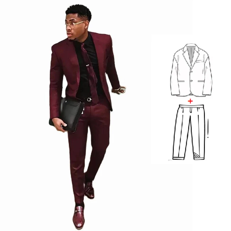 New Burgundy 2 Piece Suit for Men Trajes De Hombre Slim Fit Wedding Suits Groomsmen Formal Tuxedo Tailor Made Men's Blazer