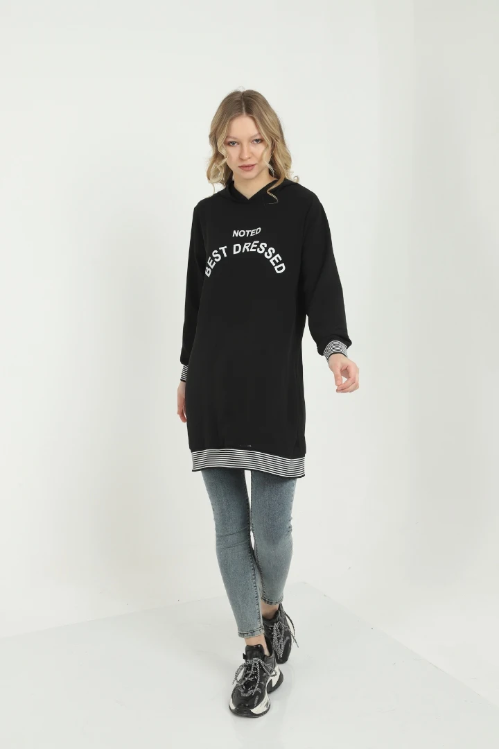 

Black Front Lettering Printed Hooded Tunic casual cut plus size sports new season women's tops