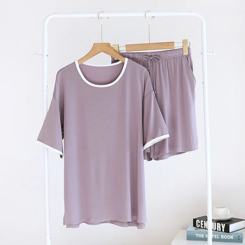 Contrasting Colors Modal HomeWear Women Summer Pullover Great Elasticity Thin Short Sleeve Shorts Loose Wear Out Bottoming Suit