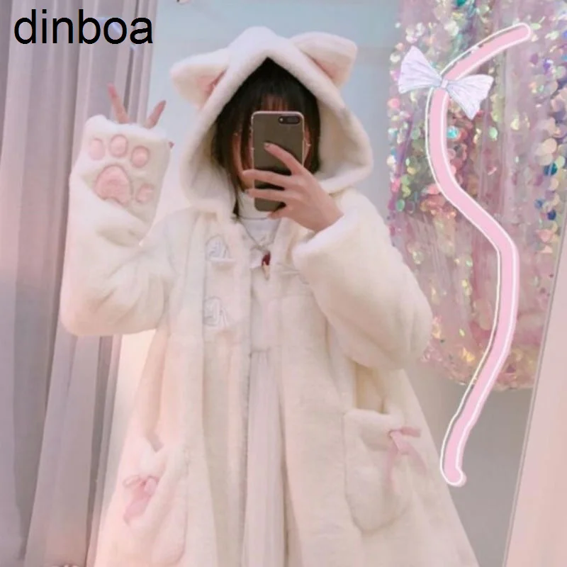 

Dinboa-зимняя женская куртка в стиле "Лолита" на флисовой подкладке, утепленная мягкая ткань для девушек, кавайная кошачья шляпа с кошачьими уш...