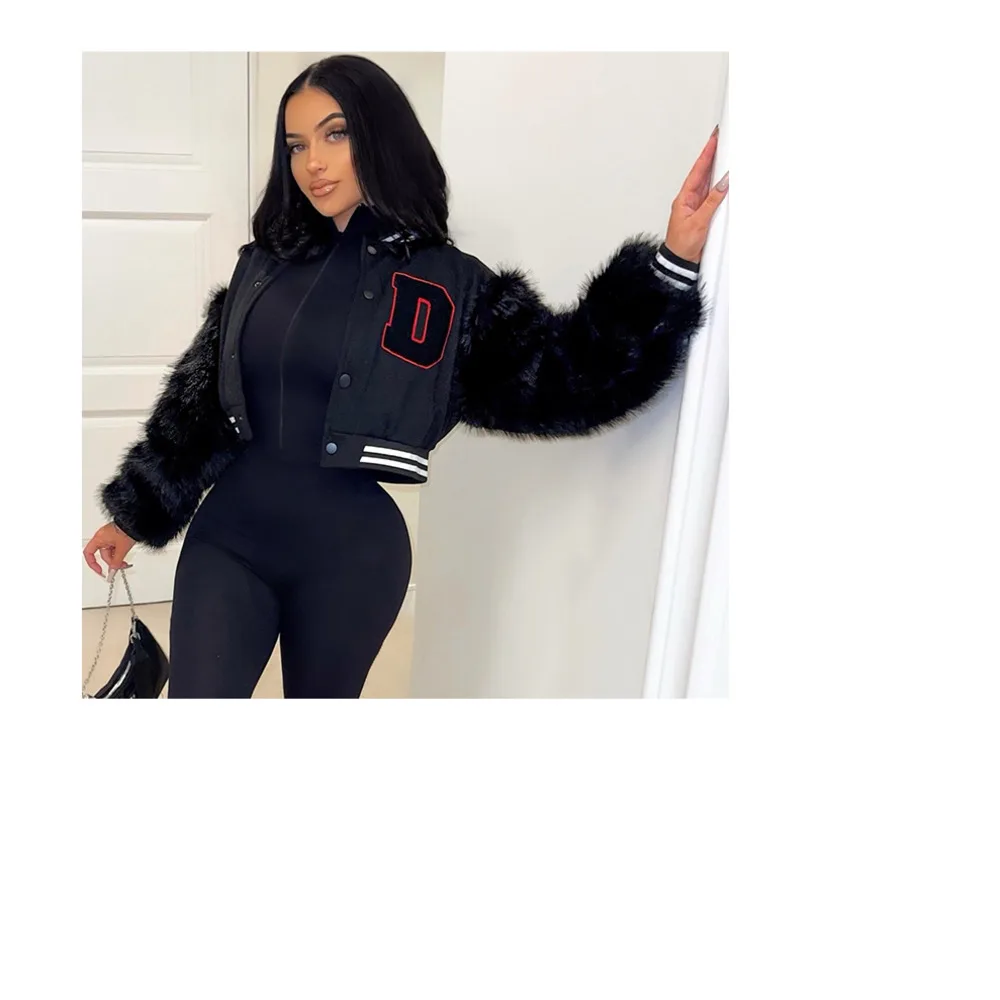 

Женская зимняя модная куртка, женская уличная одежда, Короткие топы, бейсбольная куртка, Женская бейсбольная куртка с пушистыми рукавами