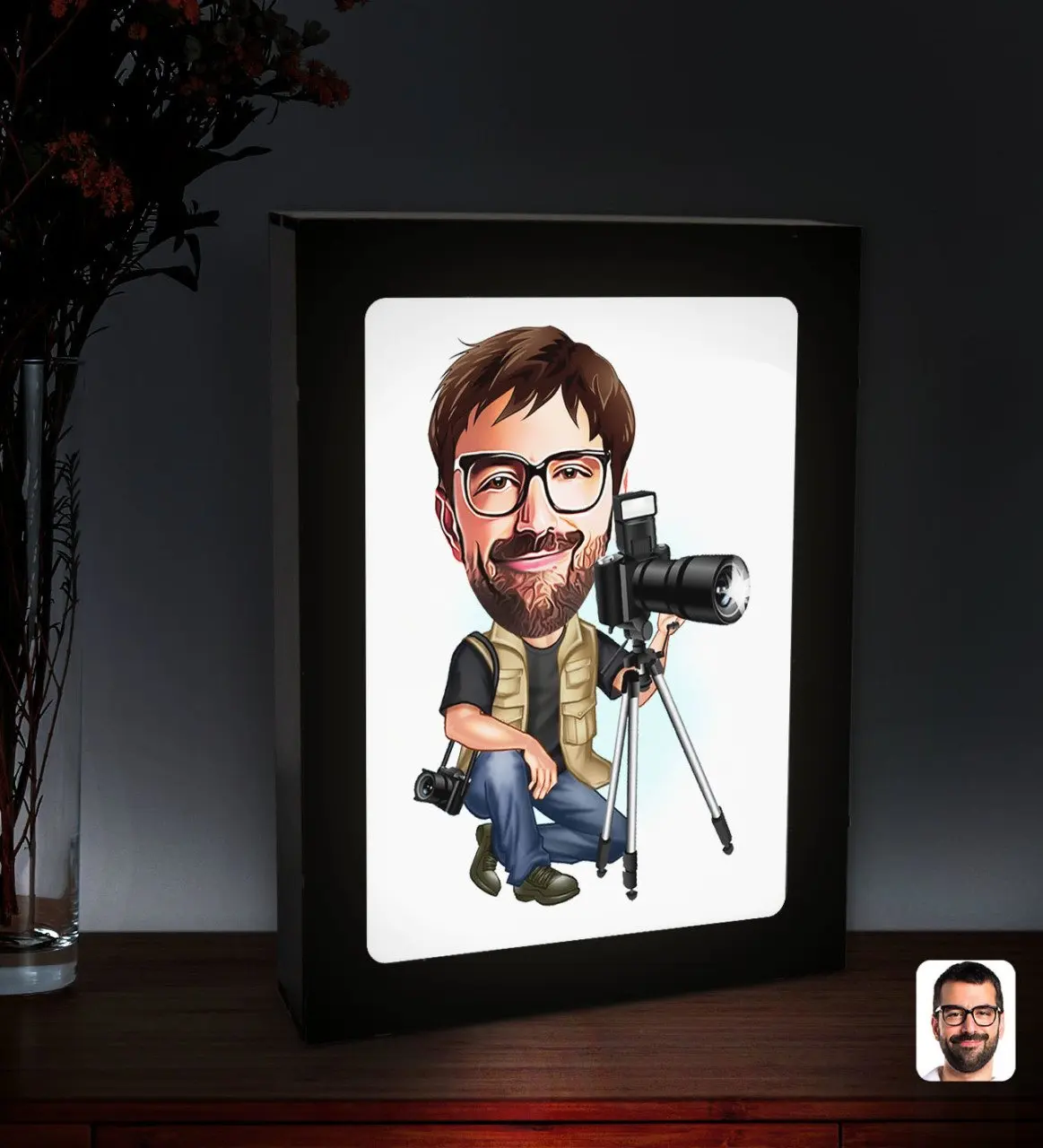 

Персонализированная карикатура для фотографа со светодиодной подсветкой, деревянная фотография Çerçevesi-1