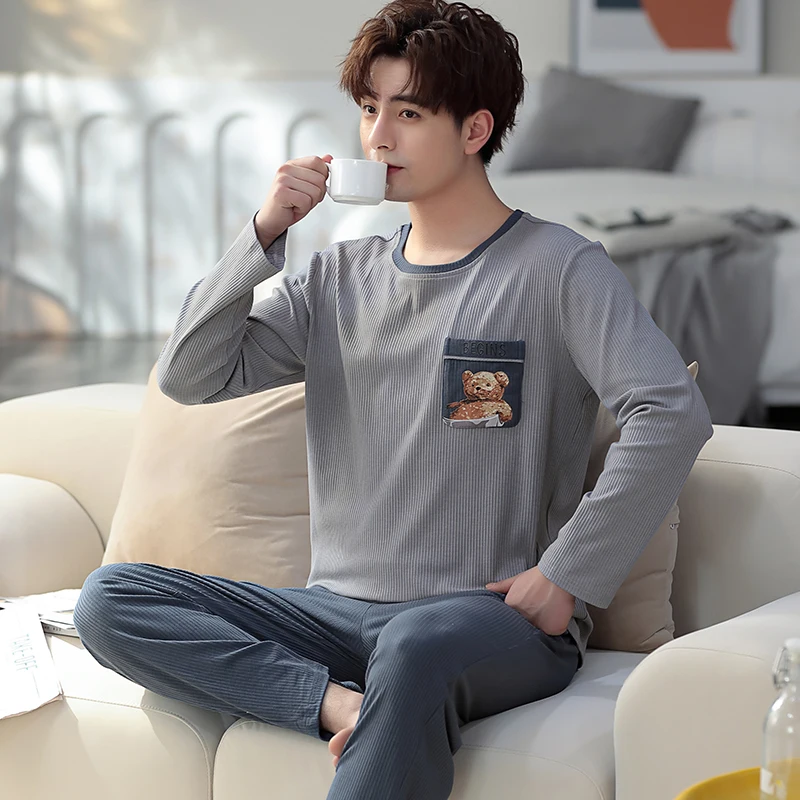 Korean Fashion Pijamas Set For Man Cotton Homewear Long Sleeping Top Pant 2 Pieces Set Sleepwear Leisure Night Clothing Dropship