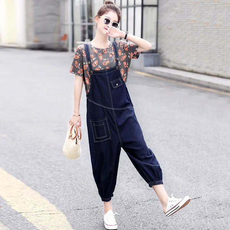 

Wide-Leg Jumpsuits Women's Blue Denim Overalls Women's Loose Fashion Oversized Baggy High-Waist New Summer Pocket Jumpsuits Q123