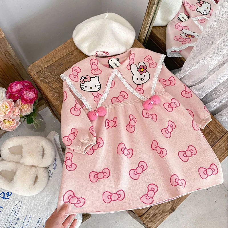 

Cute Knitting Skirt Anime Sanrio Kawaii Cartoon Hello Kitty Children Autumn Winter Stripe Bow Printing Sweater Dress Gifts Girls