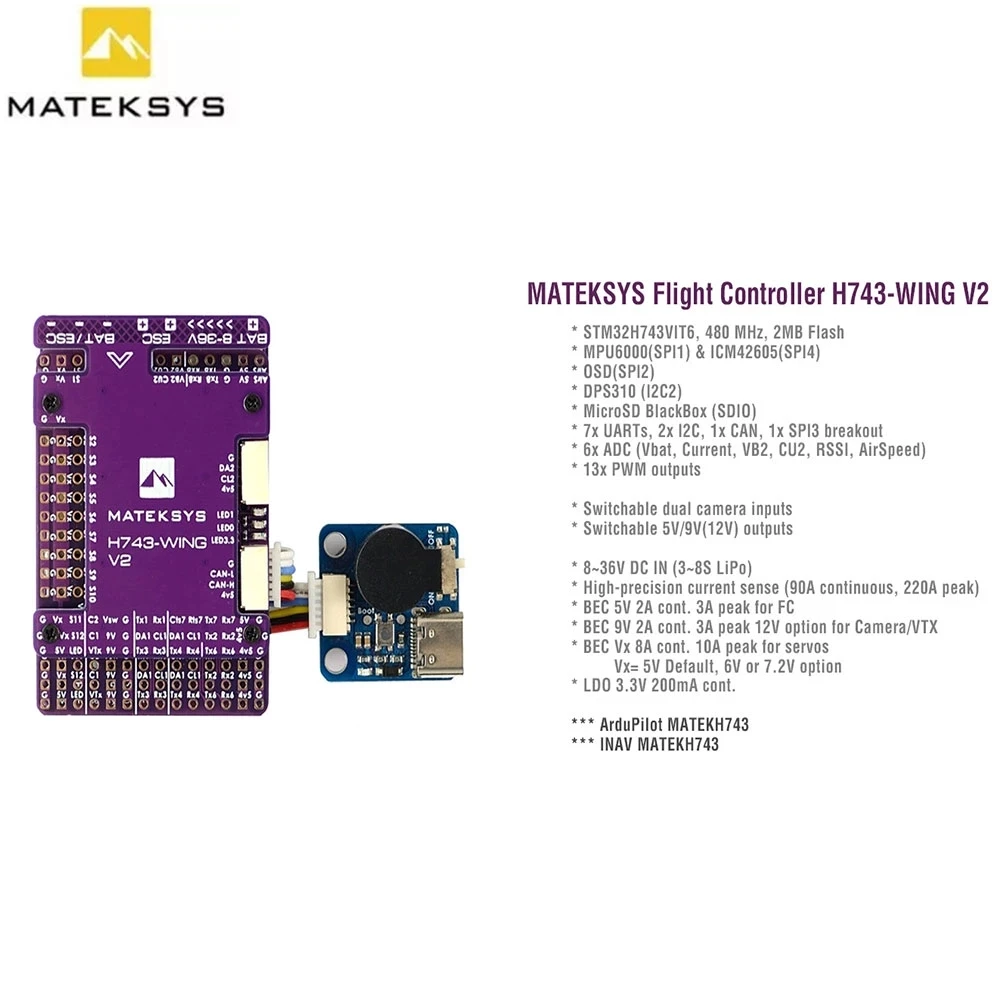 Контроллер полета MATEK H743-WING V2 ArduPilot INAV 3-8S H743 30.5X30.5mm для РУ мультироторного