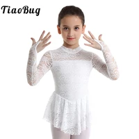 kids girls lace long sleeves hollow out back figure ice skating dress ballroonm dance competition stage performance costume