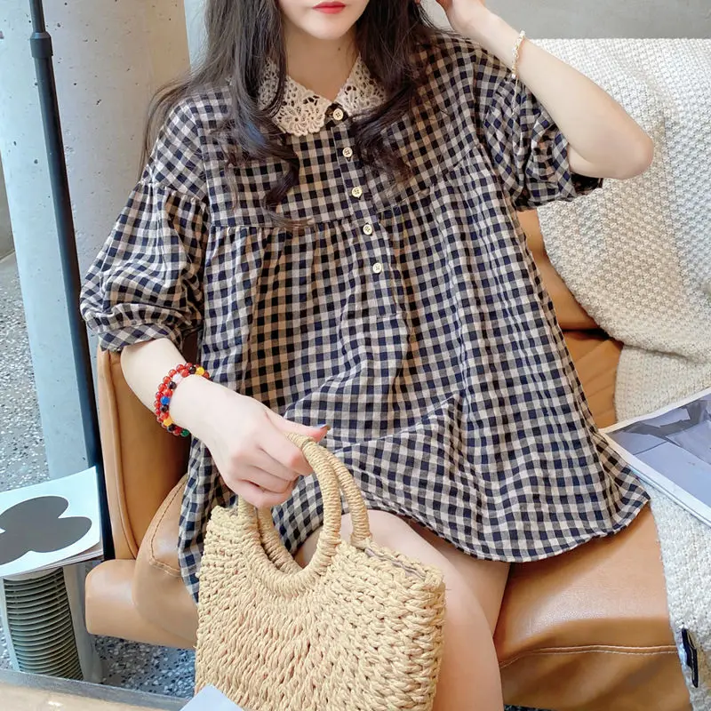 Shirt Top Summer Fashion New Korean Version Plaid Cotton Linen Lace Stitching Doll Collar Blouse Women's Short Sleeves Casual
