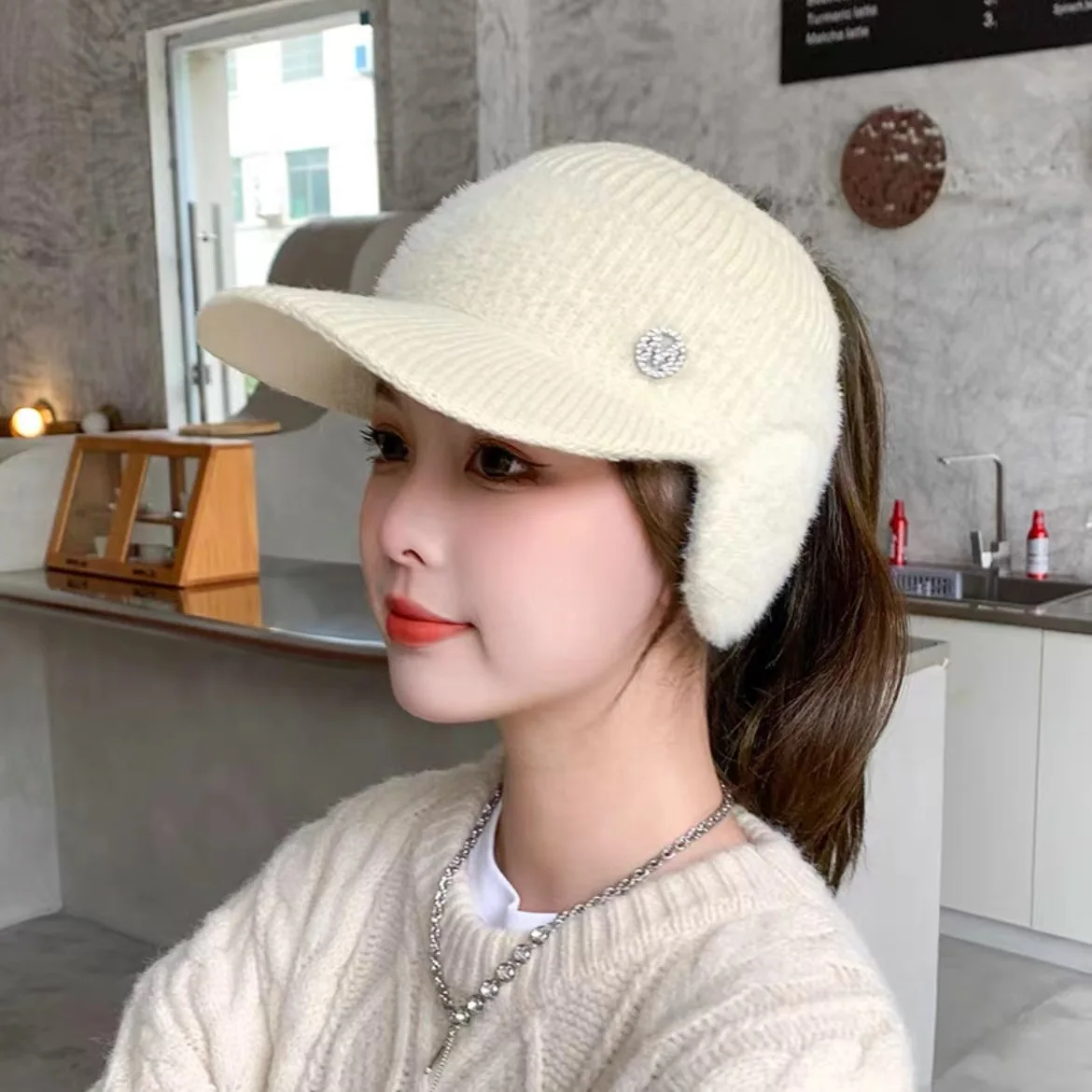 

Autumn and Winter New Mink Plush Letter Versatile Fashion Empty Top Duck Tongue Hat Adult Women's Leaky Horsetail Ear Protector