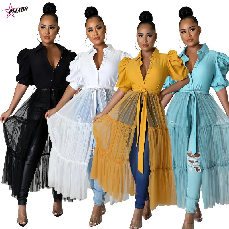 

PULABO Women Elegant Mesh Patchwork Lantern Short Sleeve High Waist Single Breasted Shirt Style Long Maxi Dress 2022 Summer