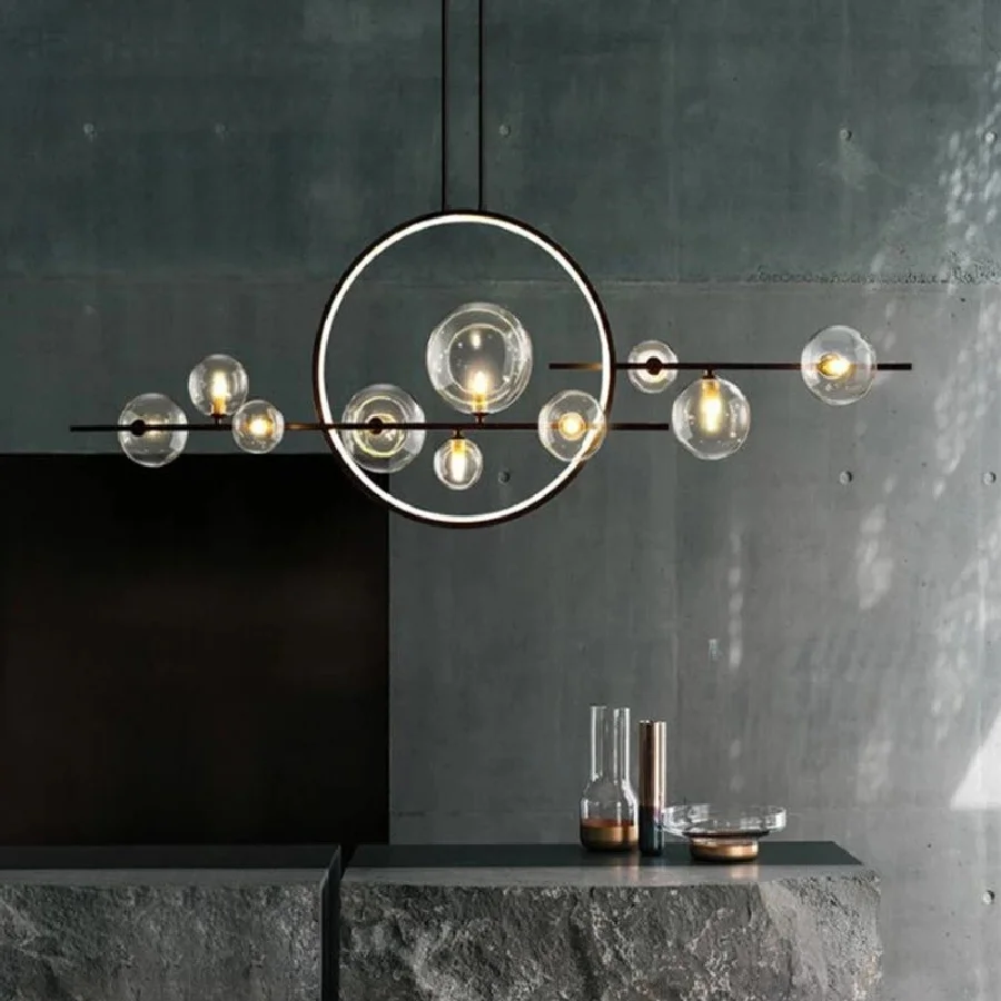 

Indoor Lighting Round Ring Pendant Lamp Modern Black Long Pole Glass LED Hanging Light Dining Room Kitchen Suspension Chandelier