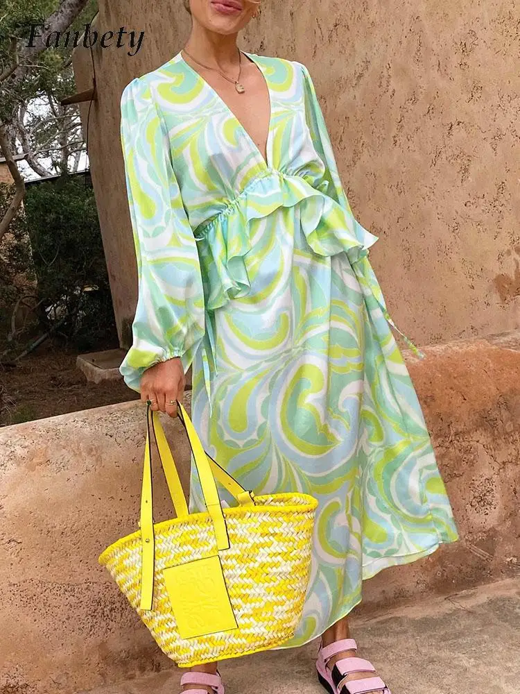 

Новое шикарное пикантное длинное платье с глубоким V-образным вырезом и длинными рукавами-фонариками, модное свободное платье с кружевным п...