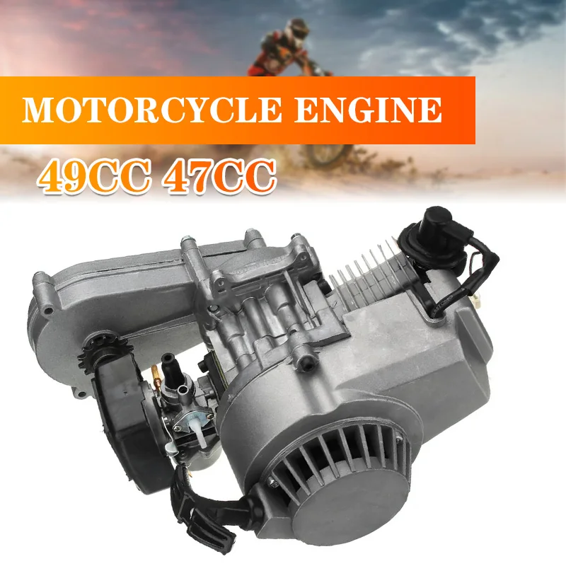 

49cc 47cc Motorcycle Complete Engine 2-Stroke Pull Start W/Transmission Silver For Mini Dirt Bike