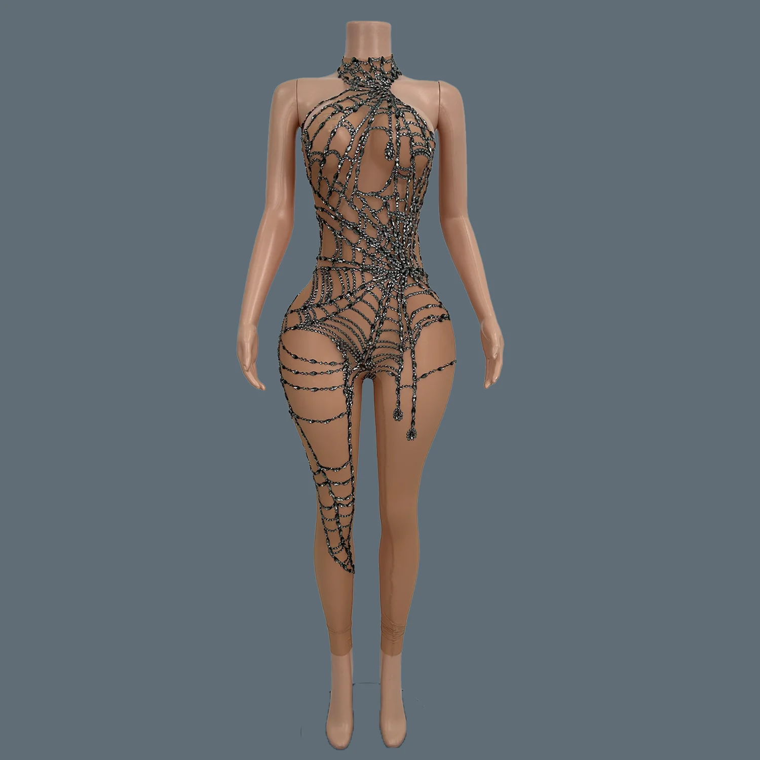 НОВЫЙ прозрачный сетчатый облегающий комбинезон со стразами с паутиной