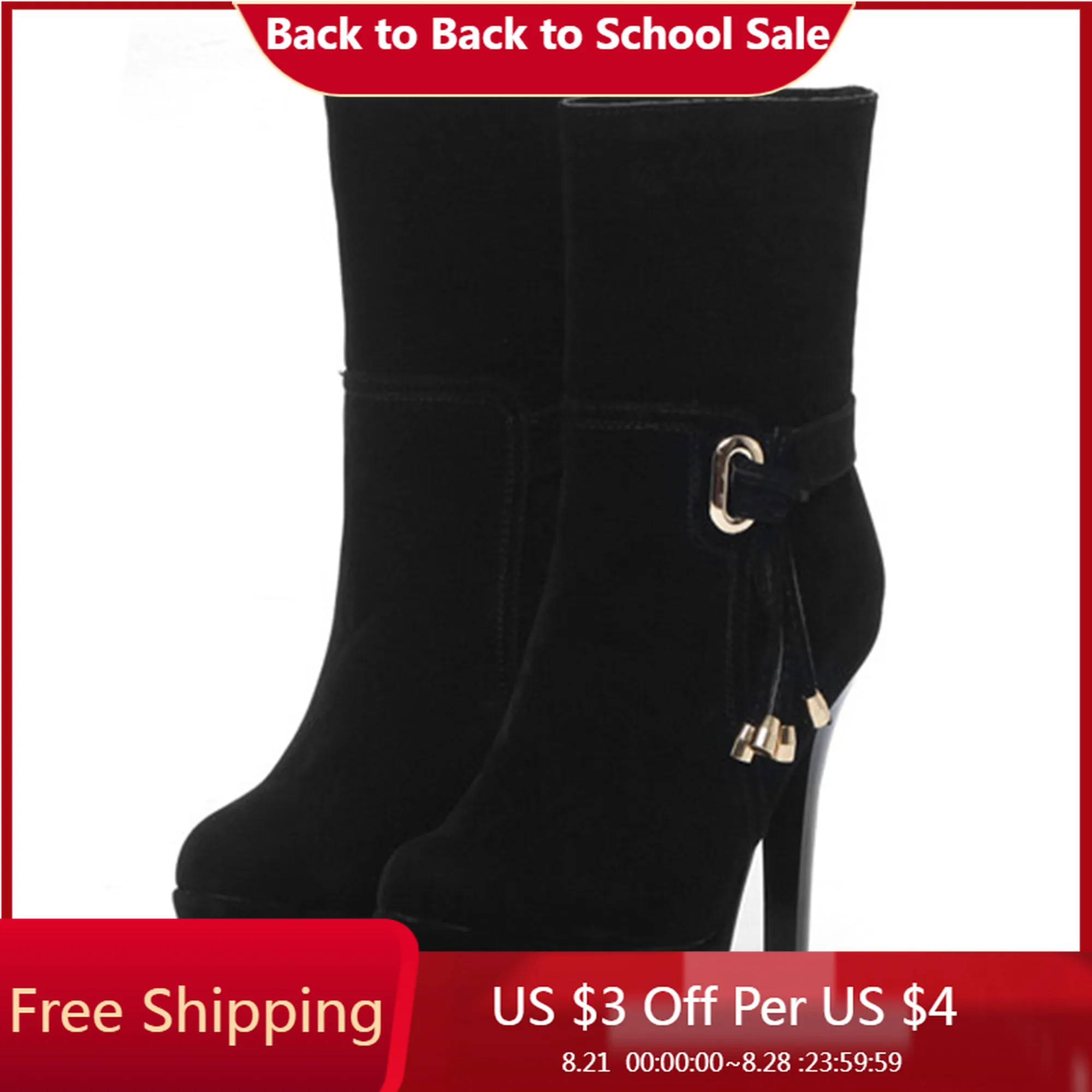 

【ENMAYER】WOMEN Metal Buckle Lace Up Women's Mid Length Boots with Round Toe Super High Slim Heels Sexy and Warm Winter Boots