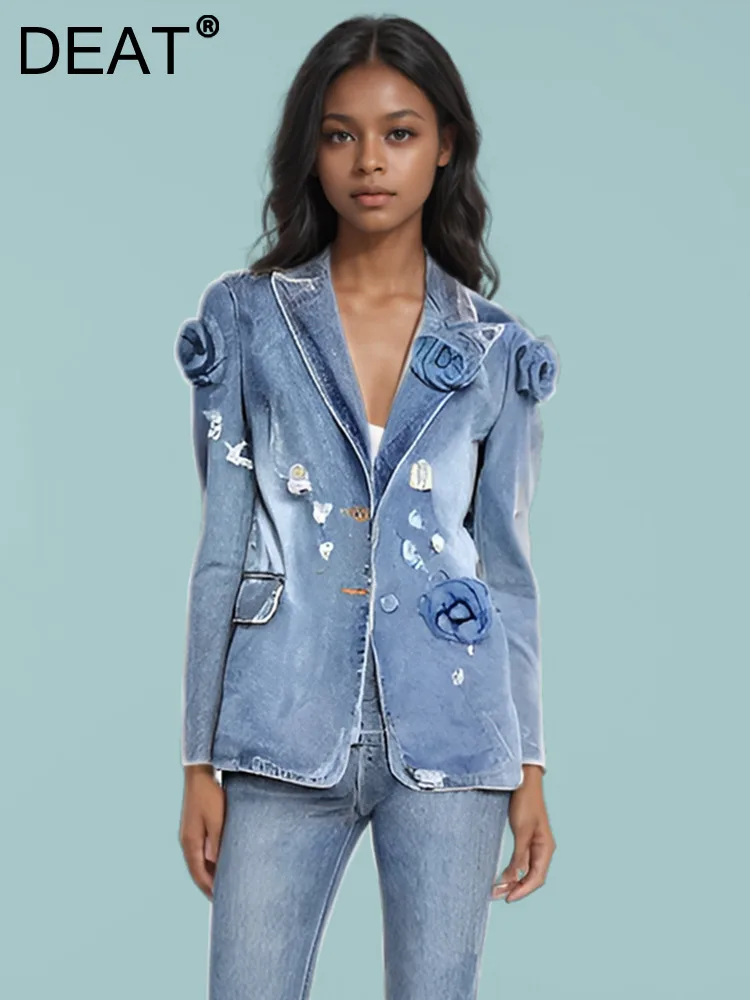 Женский Джинсовый блейзер с отложным воротником DEAT свободный винтажный длинными