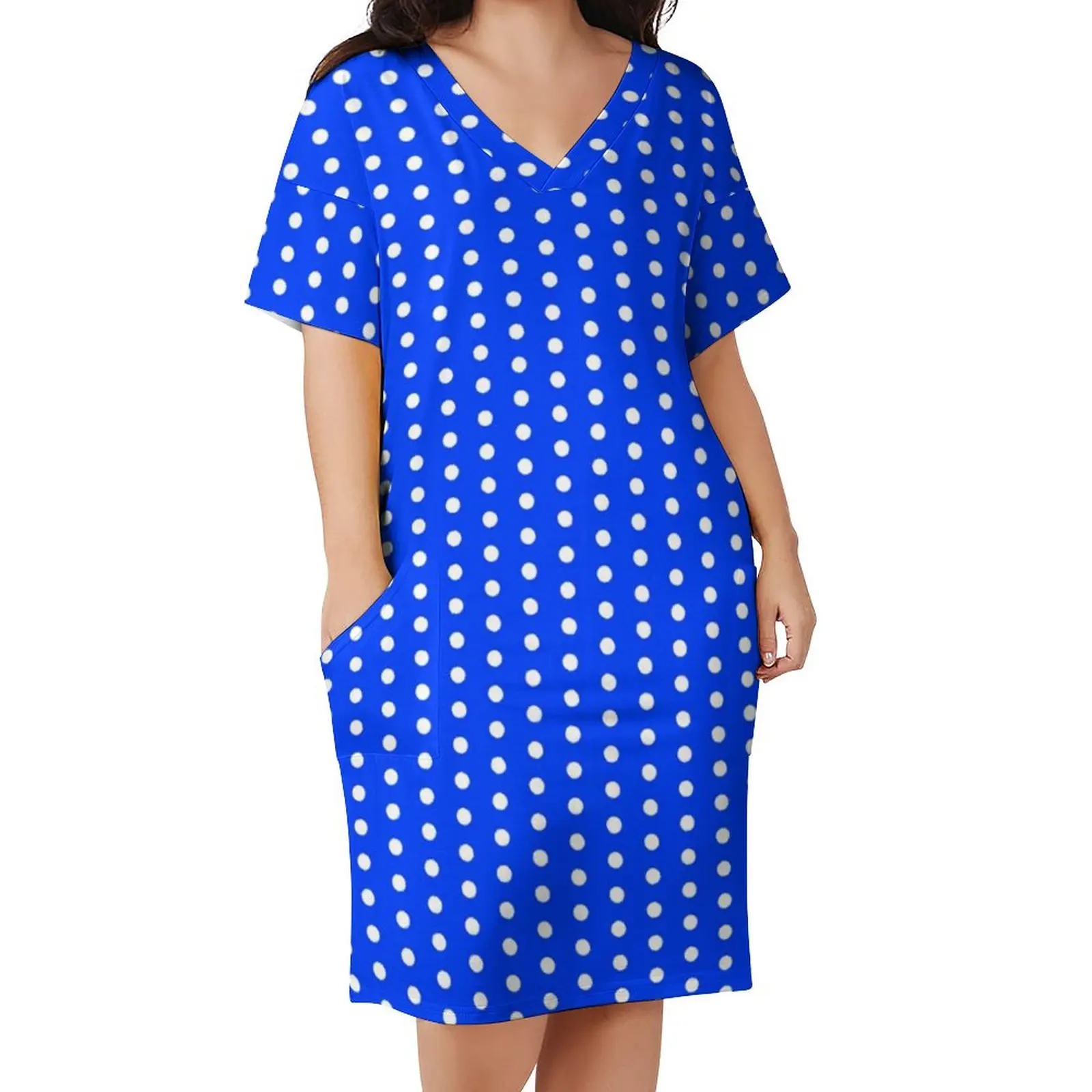 

Blue White Polka Dot Dress V Neck Vintage Print Street Fashion Dresses Summer Sexy Casual Dress Women Graphic Plus Size Vestidos