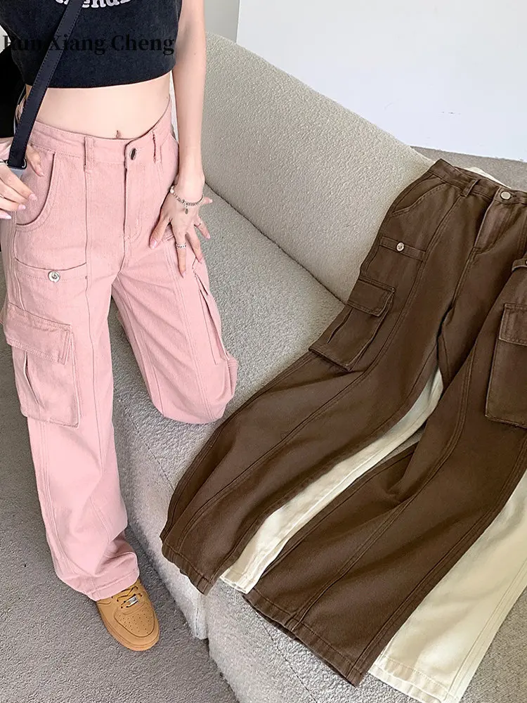 Women's Pants 2023 New Fashion Denim Cargo Pants Y2k Vintage High Waist Loose Slim Pocket Trousers Streetwear Wide Leg Pants
