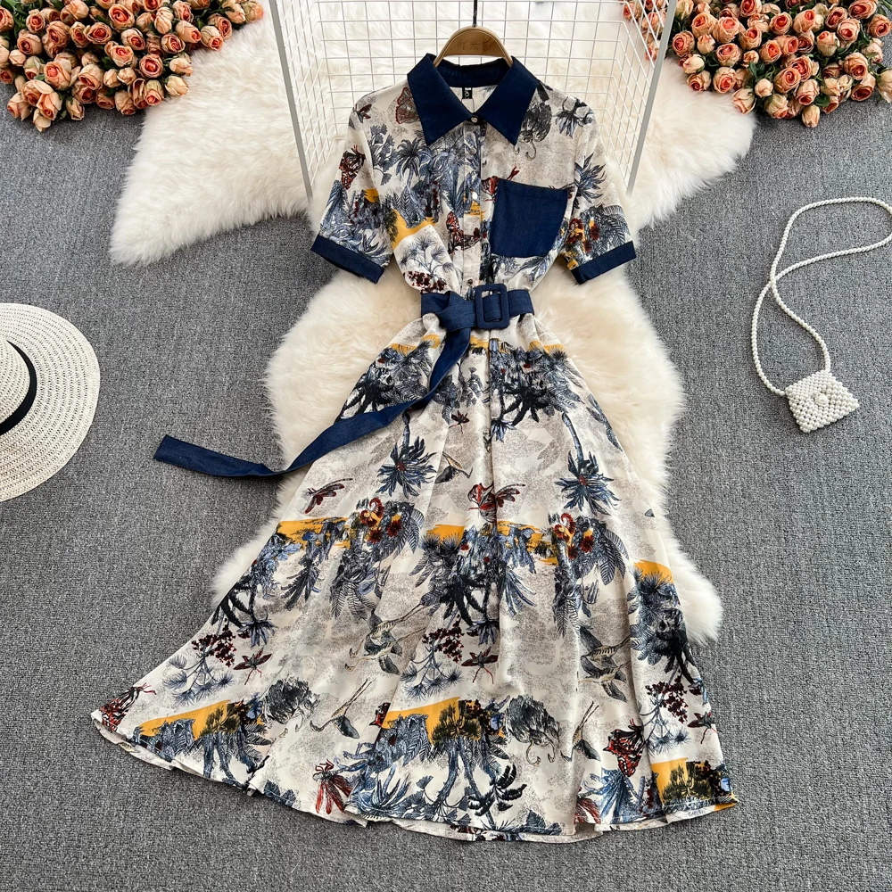 

Летнее французское облегающее джинсовое платье-трапеция с отложным воротником и поясом, Элегантное Длинное платье высокого качества