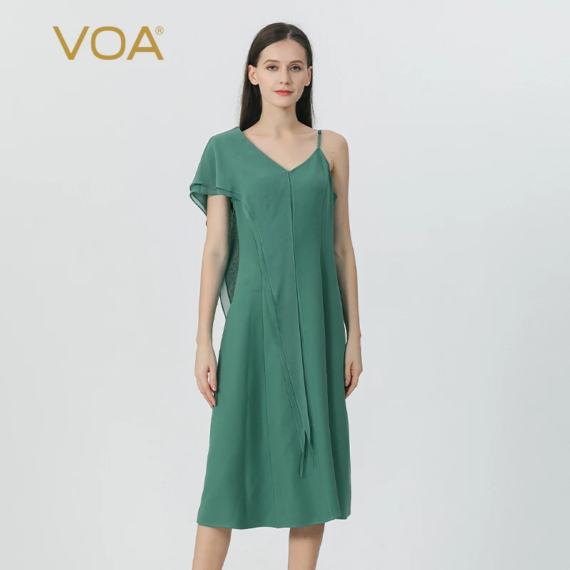 

VOA Green 60 Momme Heavyweight Mulberry Silk Dresses Women V-neck One-Shoulder Flying Sleeve Streetwear Summer Dress Chic AE1720