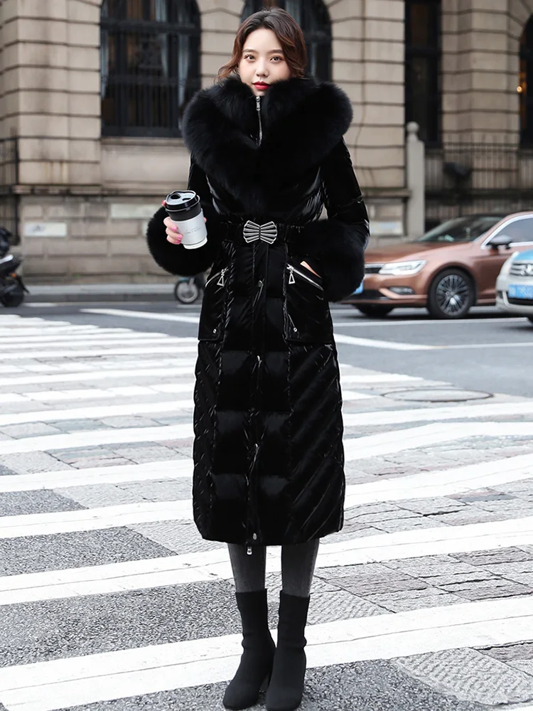 New Women Real Fur Down Coat Winter Double Fox Fur Collar Wash Free Glossy Surface Thicken Warm Belt Slim Long Down Jacket
