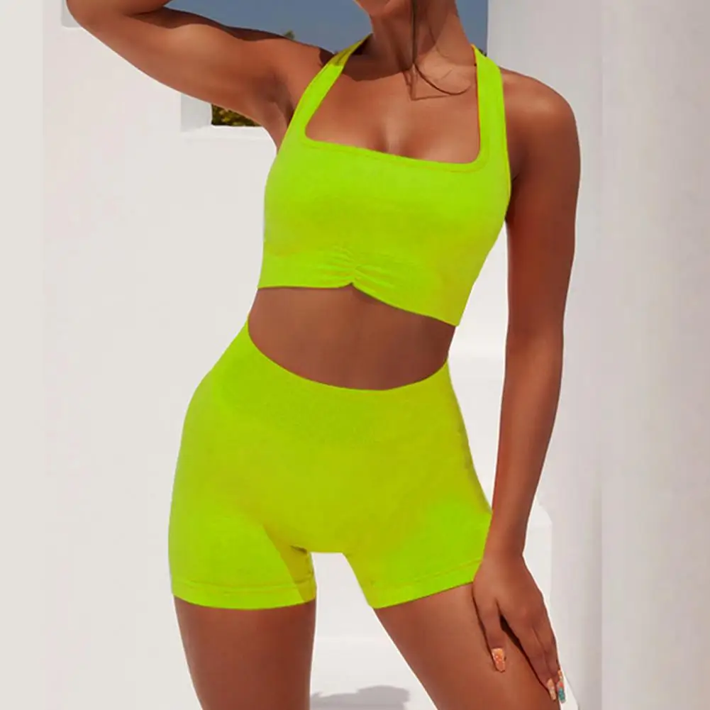 Sleeveless Solid Color Vest Shorts Set High Waist Women U-neck Bra Top High Waist Shorts Gym Clothing