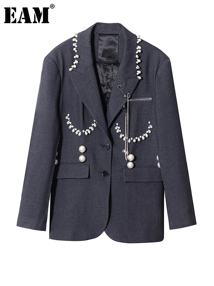 [EAM]  Women Gray Pearl Chain Big Size Single Breasted Blazer New Lapel Long Sleeve Jacket Fashion Spring Autumn 2023 1DD5927