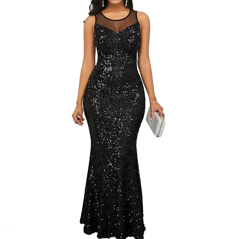 

Sexy Sheer Sequin Long Dress 2022 Summer Women's Sleeveless Elegant Party Evening Dress Black Tight Ladies Robe African Clothing