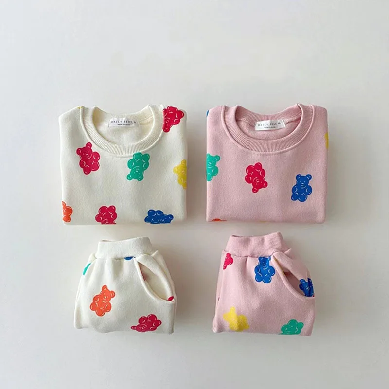 

2022 Autumn New Baby Candy Color Bear Long Sleeve T-shirt Set Girl Boy Toddler Cotton Cartoon Print Tops+Pants 2pcs Casual Suit