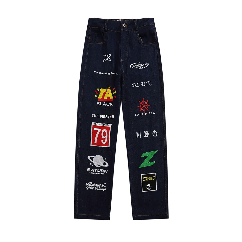 Funny Letter Embroidery Dark Academia Style Vintage Men Jeans Pants Hip Hop Straight Oversize Denim Trousers Pantaloni Uomo