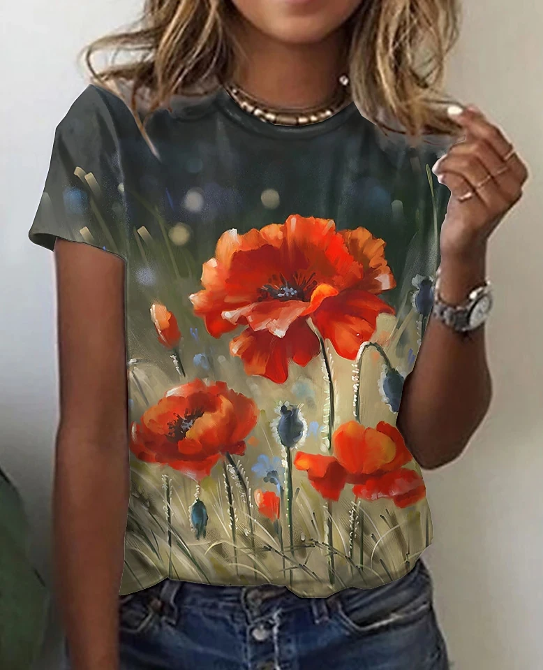 

Women's Floral 3D Printed Crew Neck Basic Tops Women's Floral Themed Painting T-Shirts 3D Printed Plus Size Tops Blue Red Yellow