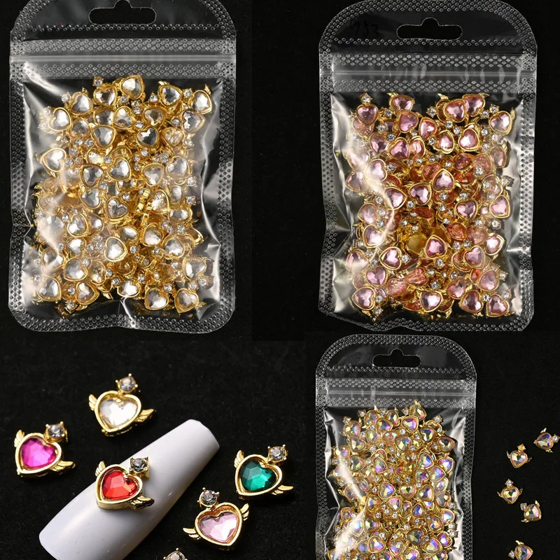 

20pcs New 3D Angel Heart Diamond Nail Art Charms Shiny Alloy Rhinestone Manicure Decoration DIY Color Love Nail Design Supplies
