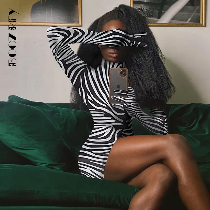 

BoozRey Zebra Animal Print Fashion Mini Dress Bodycon Birthday Outfit Club Party Long Sleeve Women's Dresses Slim Vestidos