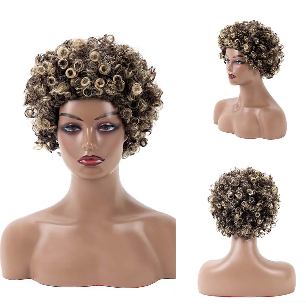 

Синтетические Короткие афро кудрявые парики с кудрявыми волосами для чернокожих женщин, афро-коричневые градиентные золотые парики, натур...