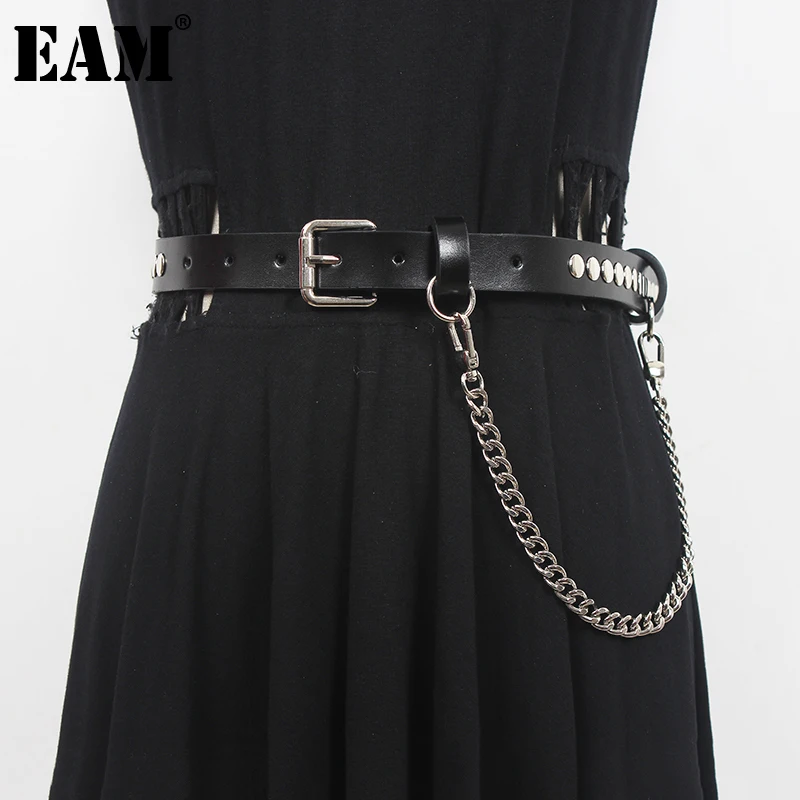 

[EAM] Pu Leather Black Rivet Metal Chain Long Wide Belt Personality Women New Fashion Tide All-match Spring Autumn 2023 1DF1258