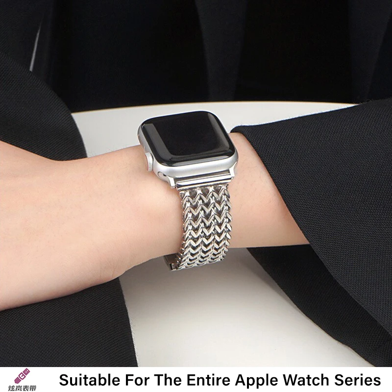 Фото Роскошный ремешок из нержавеющей стали для Apple Watch 9 8 7 6 SE 5 3 45/44/42/41 мм, металлический плетеный браслет Correa iWatch Ultra 49 мм 40 38 мм №1