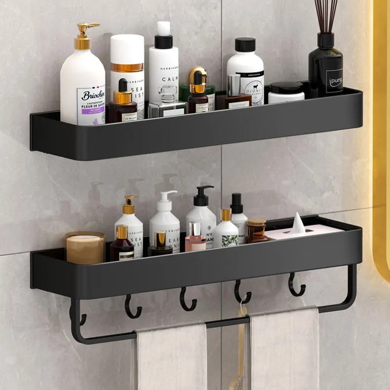 

Черная полка для ванной комнаты, алюминиевые стеллажи для хранения, крючки для полотенец, настенное крепление, полка для ванны, шампуня, аксессуары для ванны