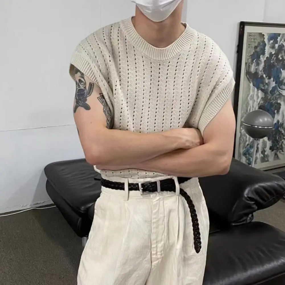 

Мужская Летняя жилетка без рукавов с круглым вырезом, ажурные свободные эластичные вязаные топы, женская одежда, майки для отдыха